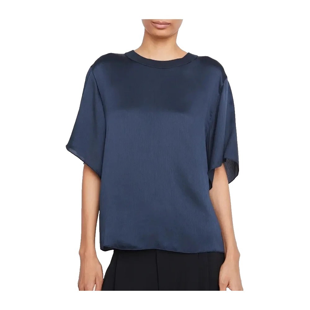 Vince Top Navy Textured Silk Rib Trim Crewneck Short Sleeve